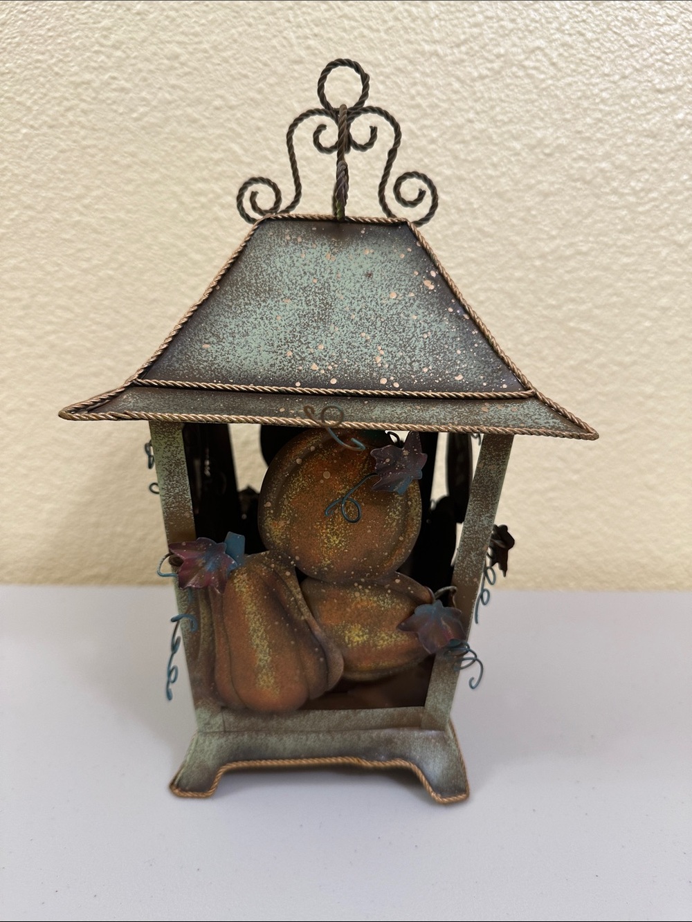 Rustic Metal Pumpkin Lantern - Green/Bronze Home Accent